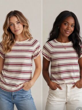 Ralph Lauren Striped Short Sleeve Knit Top - Cream with Red & Black Stripes